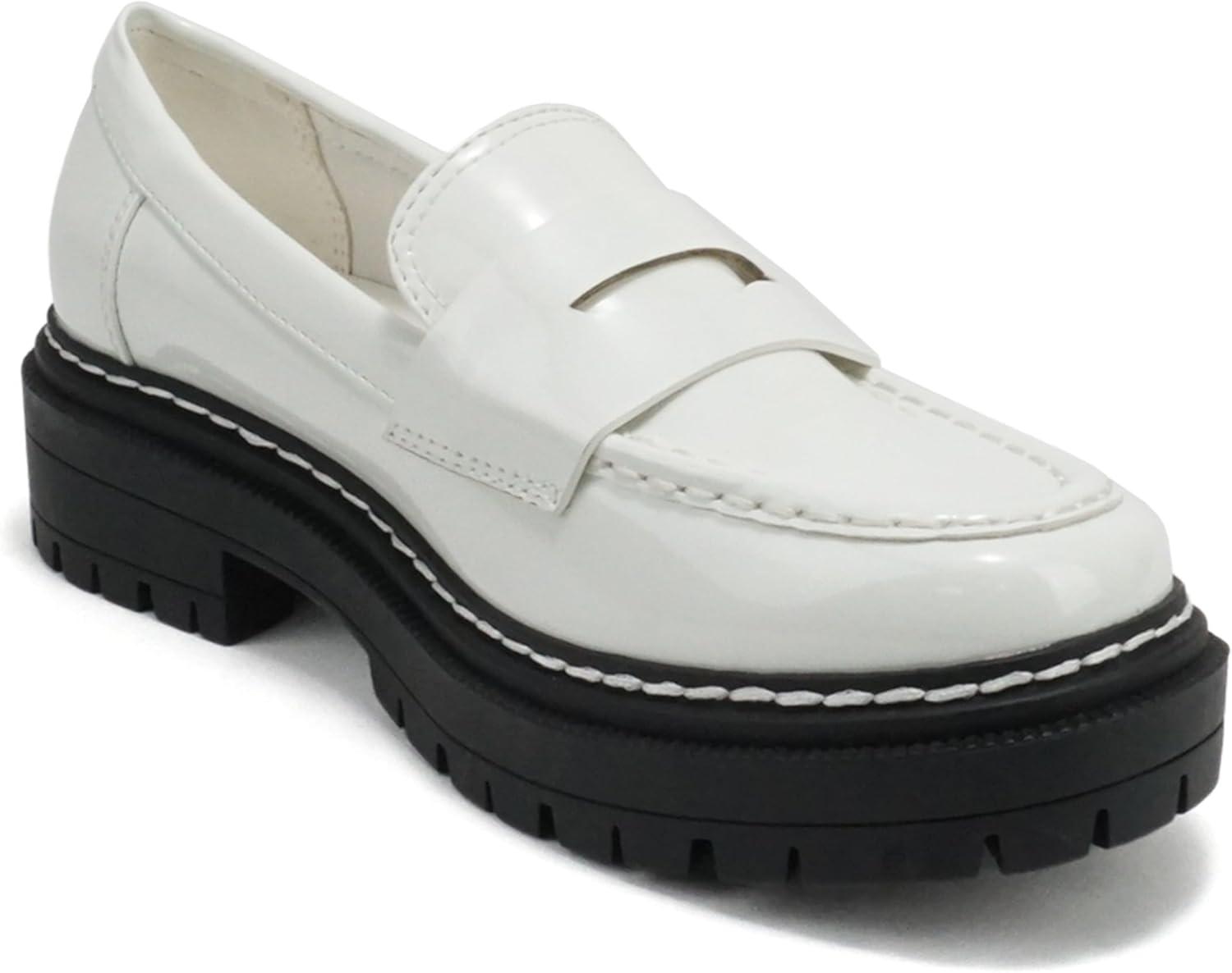 imageSoda Eureka  Women Slip On Platform Penny Loafer Lug Sole with Stitched DetailWhite Patent