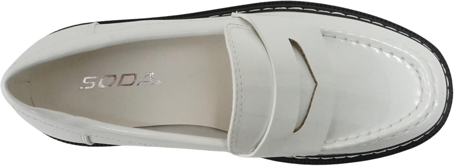 imageSoda Eureka  Women Slip On Platform Penny Loafer Lug Sole with Stitched DetailWhite Patent
