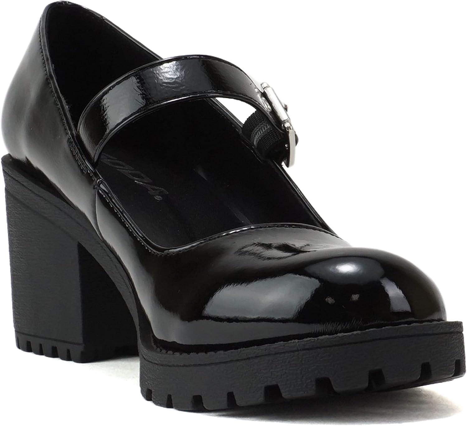 imageSoda Eviana  Women Mary Jane Round Toe Mid Chunky Block Heel Lug Sole Pump with Adjustable StrapBlack Patent