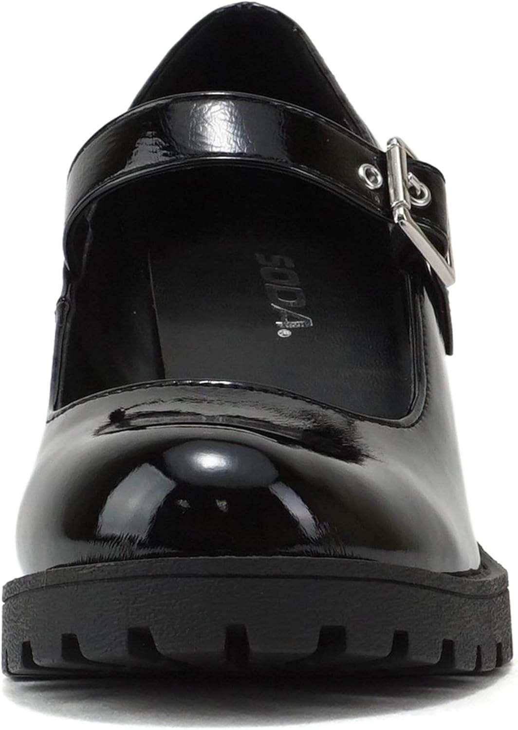 imageSoda Eviana  Women Mary Jane Round Toe Mid Chunky Block Heel Lug Sole Pump with Adjustable StrapBlack Patent