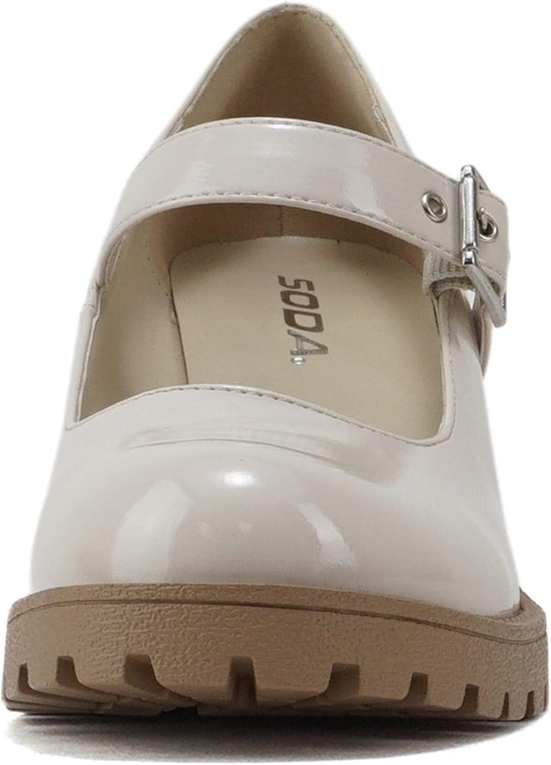 imageSoda Eviana  Women Mary Jane Round Toe Mid Chunky Block Heel Lug Sole Pump with Adjustable StrapBone Patent
