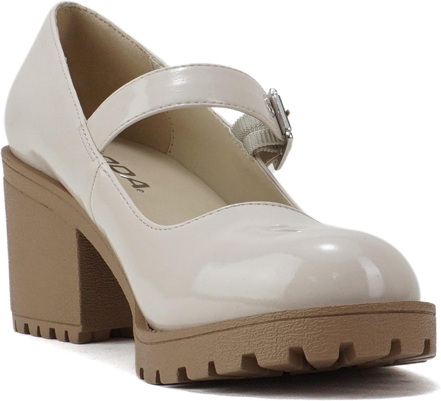 imageSoda Eviana  Women Mary Jane Round Toe Mid Chunky Block Heel Lug Sole Pump with Adjustable StrapBone Patent