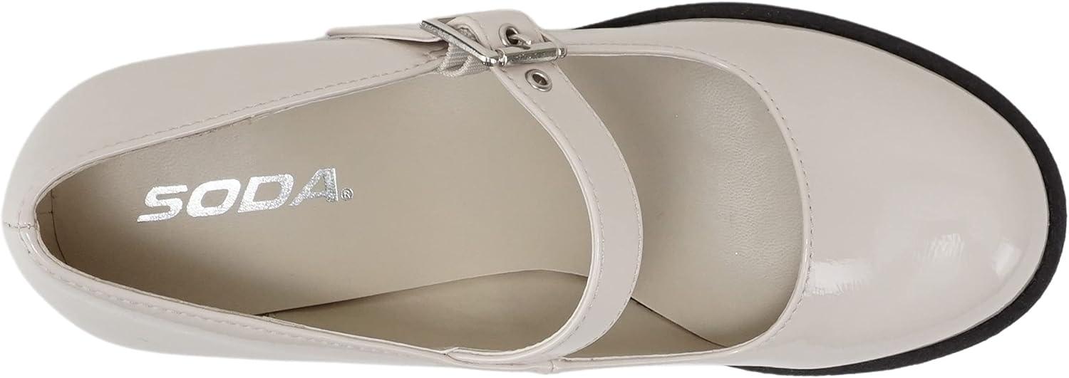 imageSoda Eviana  Women Mary Jane Round Toe Mid Chunky Block Heel Lug Sole Pump with Adjustable StrapBoneBlack Patent