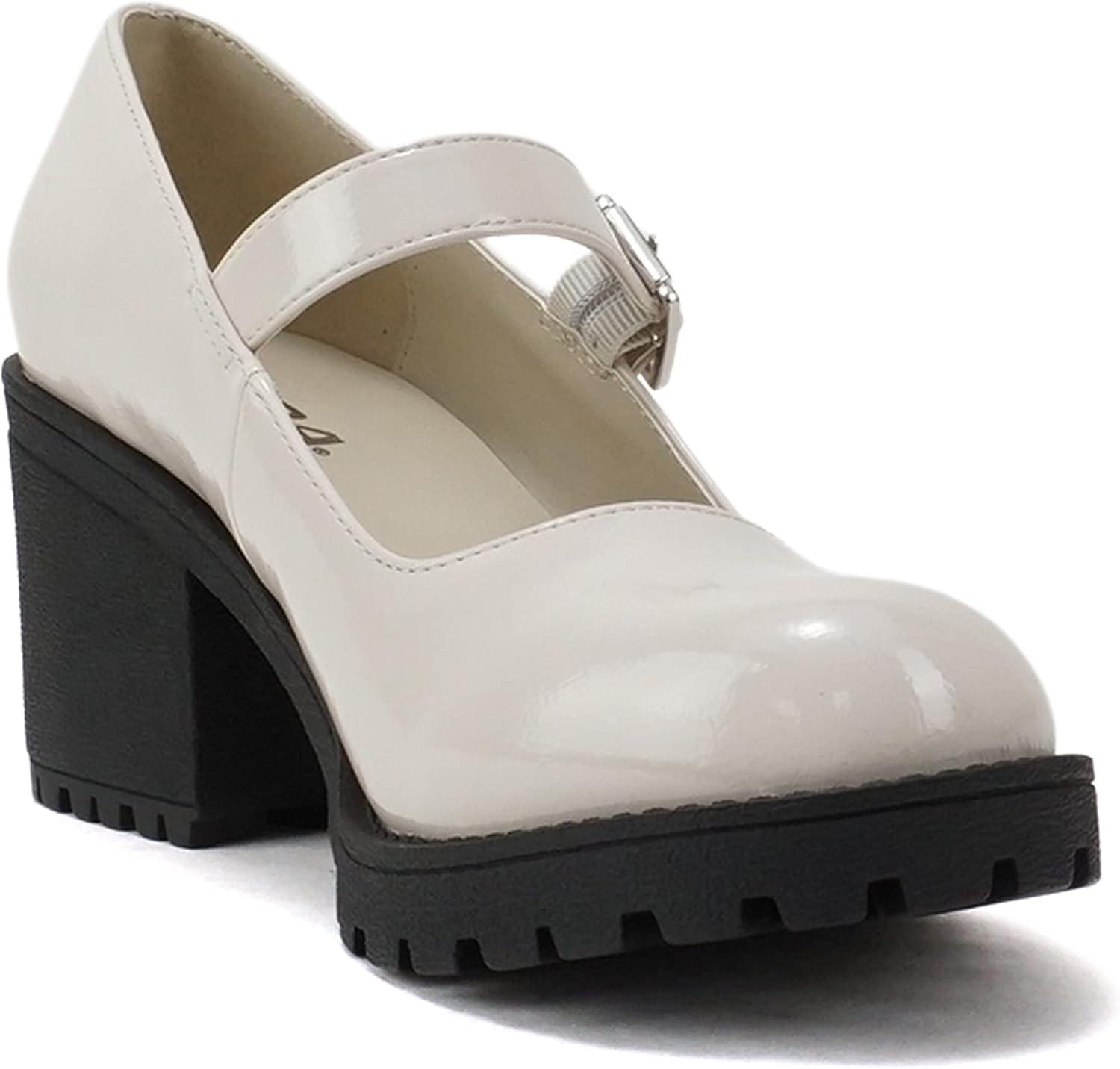 imageSoda Eviana  Women Mary Jane Round Toe Mid Chunky Block Heel Lug Sole Pump with Adjustable StrapBoneBlack Patent