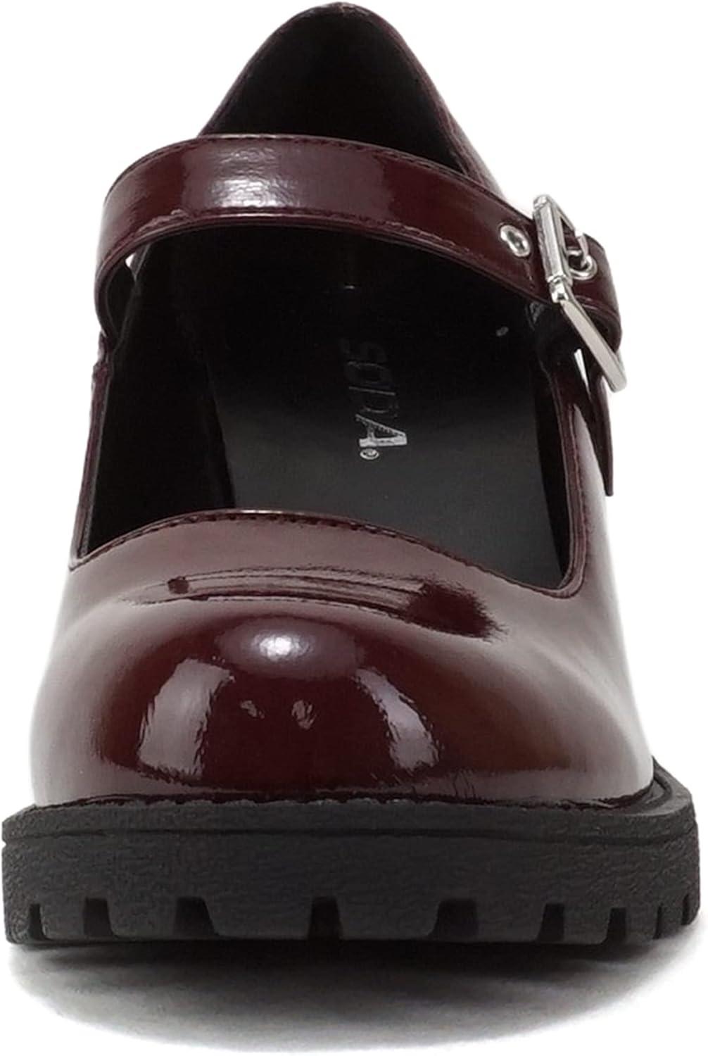 imageSoda Eviana  Women Mary Jane Round Toe Mid Chunky Block Heel Lug Sole Pump with Adjustable StrapBurgundy Patent