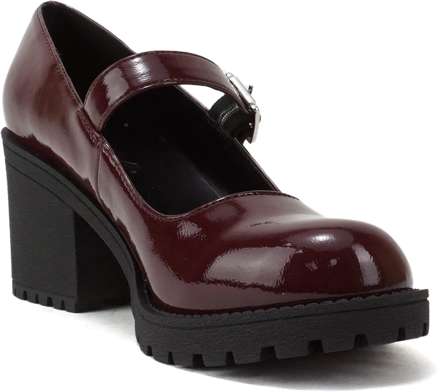 imageSoda Eviana  Women Mary Jane Round Toe Mid Chunky Block Heel Lug Sole Pump with Adjustable StrapBurgundy Patent