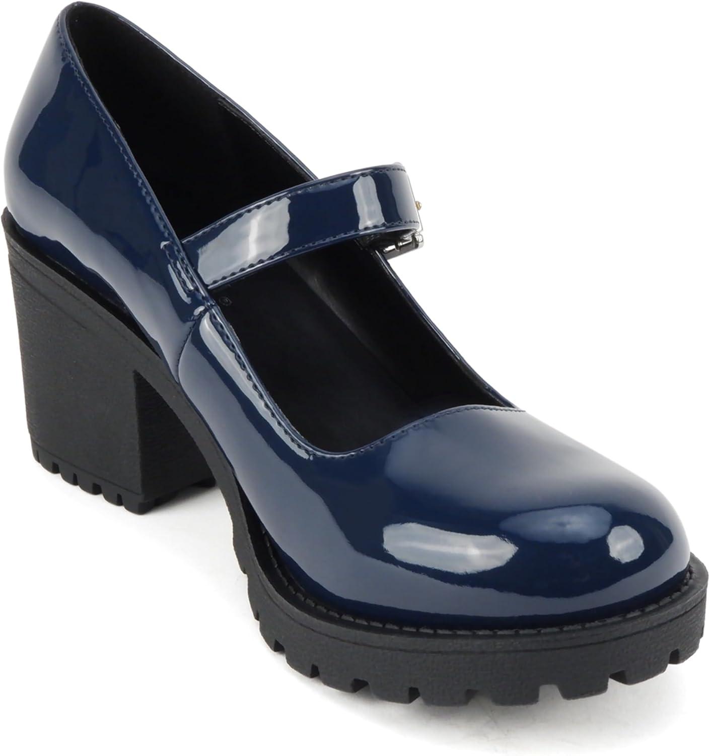 imageSoda Eviana  Women Mary Jane Round Toe Mid Chunky Block Heel Lug Sole Pump with Adjustable StrapNavy Patent