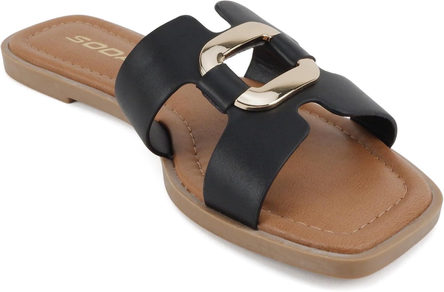 imageSoda FENG  Women Square Toe HBand SlipOn Fashion Slide Sandal with Buckle DetailBlack Pu