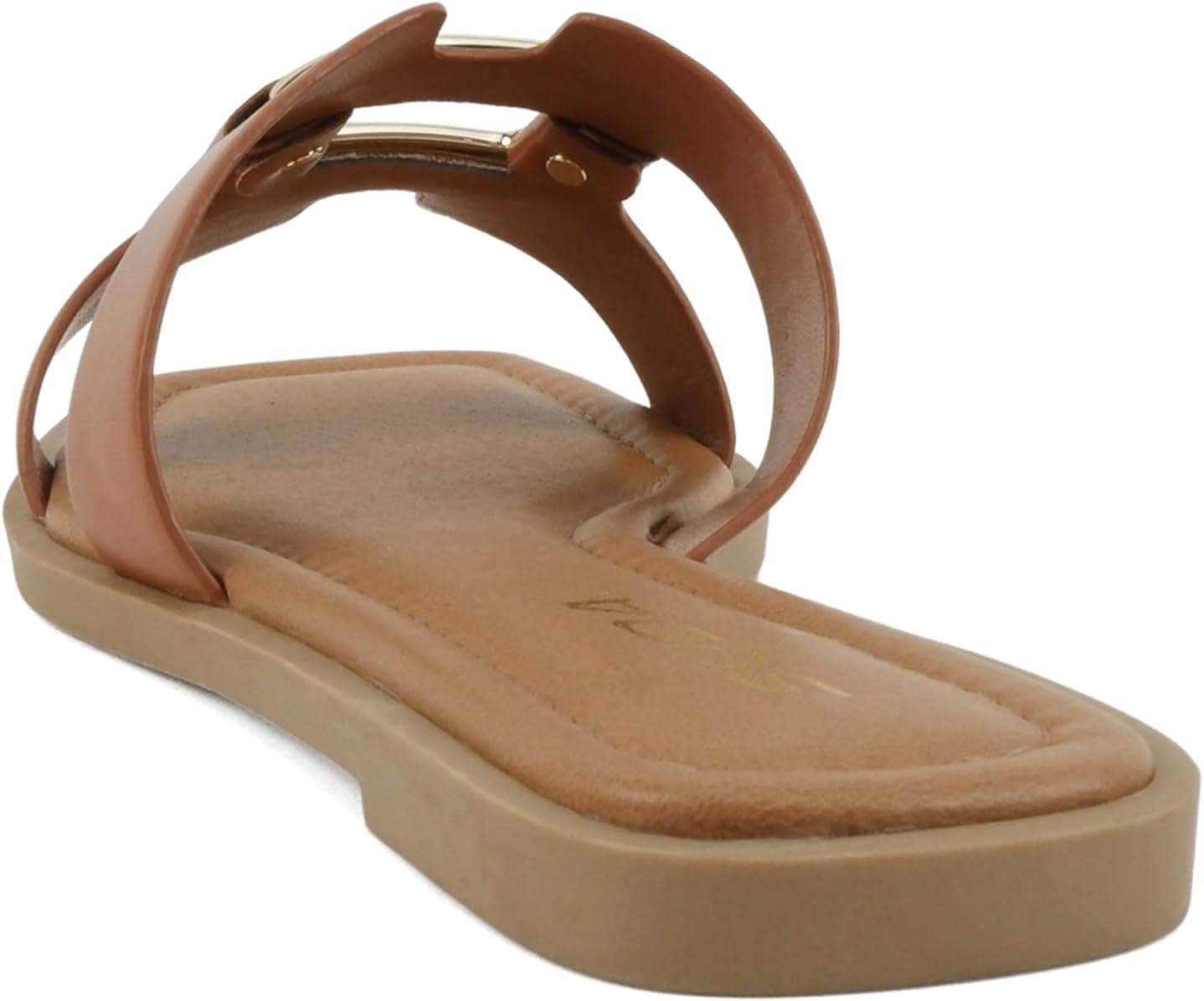 imageSoda FENG  Women Square Toe HBand SlipOn Fashion Slide Sandal with Buckle DetailCognac Pu