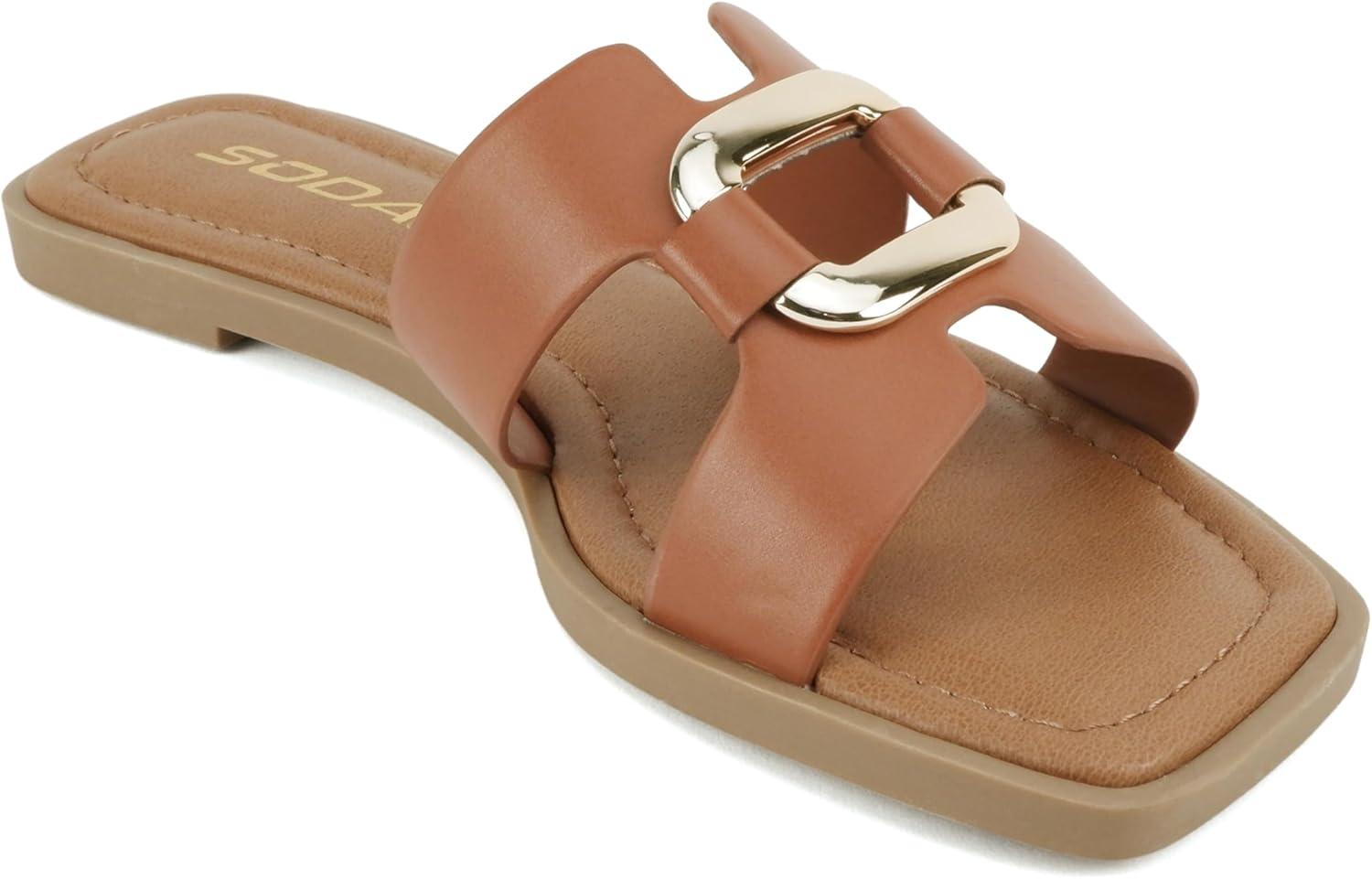 imageSoda FENG  Women Square Toe HBand SlipOn Fashion Slide Sandal with Buckle DetailCognac Pu