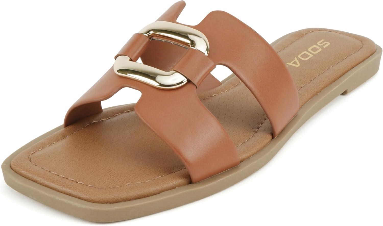 imageSoda FENG  Women Square Toe HBand SlipOn Fashion Slide Sandal with Buckle DetailCognac Pu