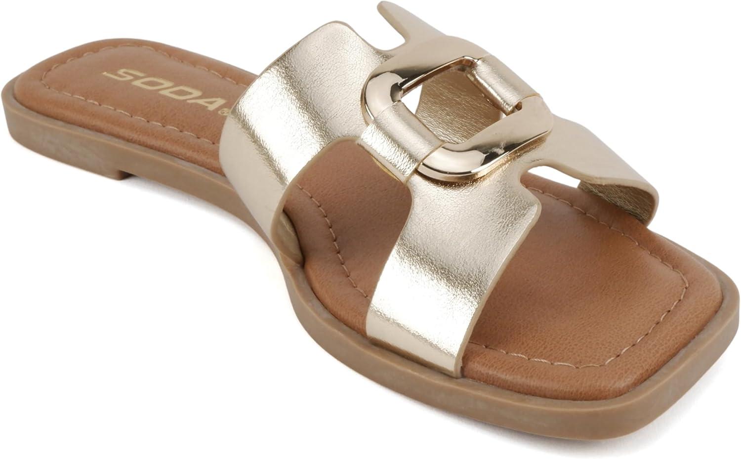 imageSoda FENG  Women Square Toe HBand SlipOn Fashion Slide Sandal with Buckle DetailGold