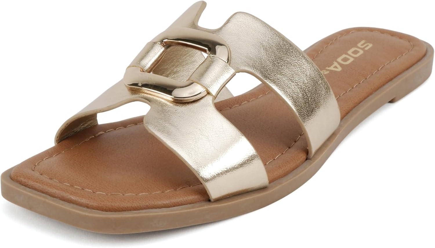 imageSoda FENG  Women Square Toe HBand SlipOn Fashion Slide Sandal with Buckle DetailGold