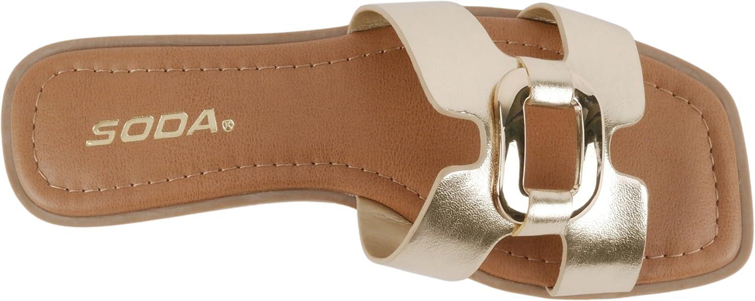 imageSoda FENG  Women Square Toe HBand SlipOn Fashion Slide Sandal with Buckle DetailGold