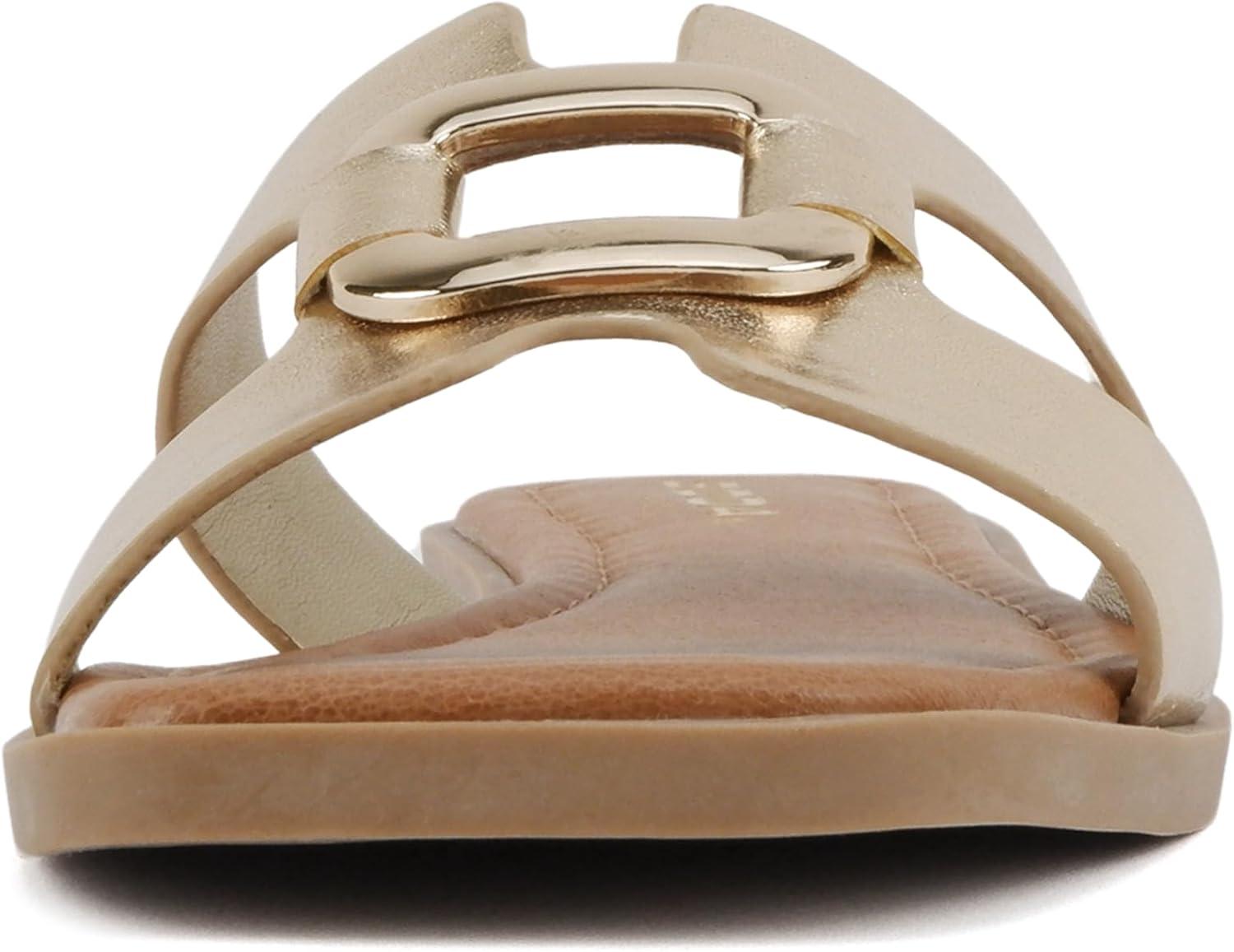 imageSoda FENG  Women Square Toe HBand SlipOn Fashion Slide Sandal with Buckle DetailGold