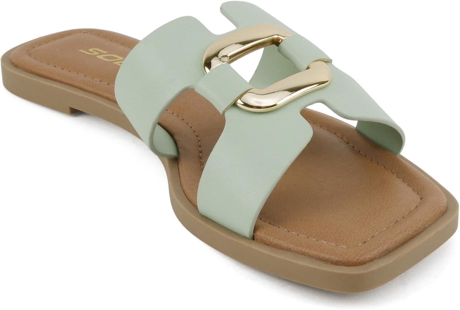 imageSoda FENG  Women Square Toe HBand SlipOn Fashion Slide Sandal with Buckle DetailMint Pu