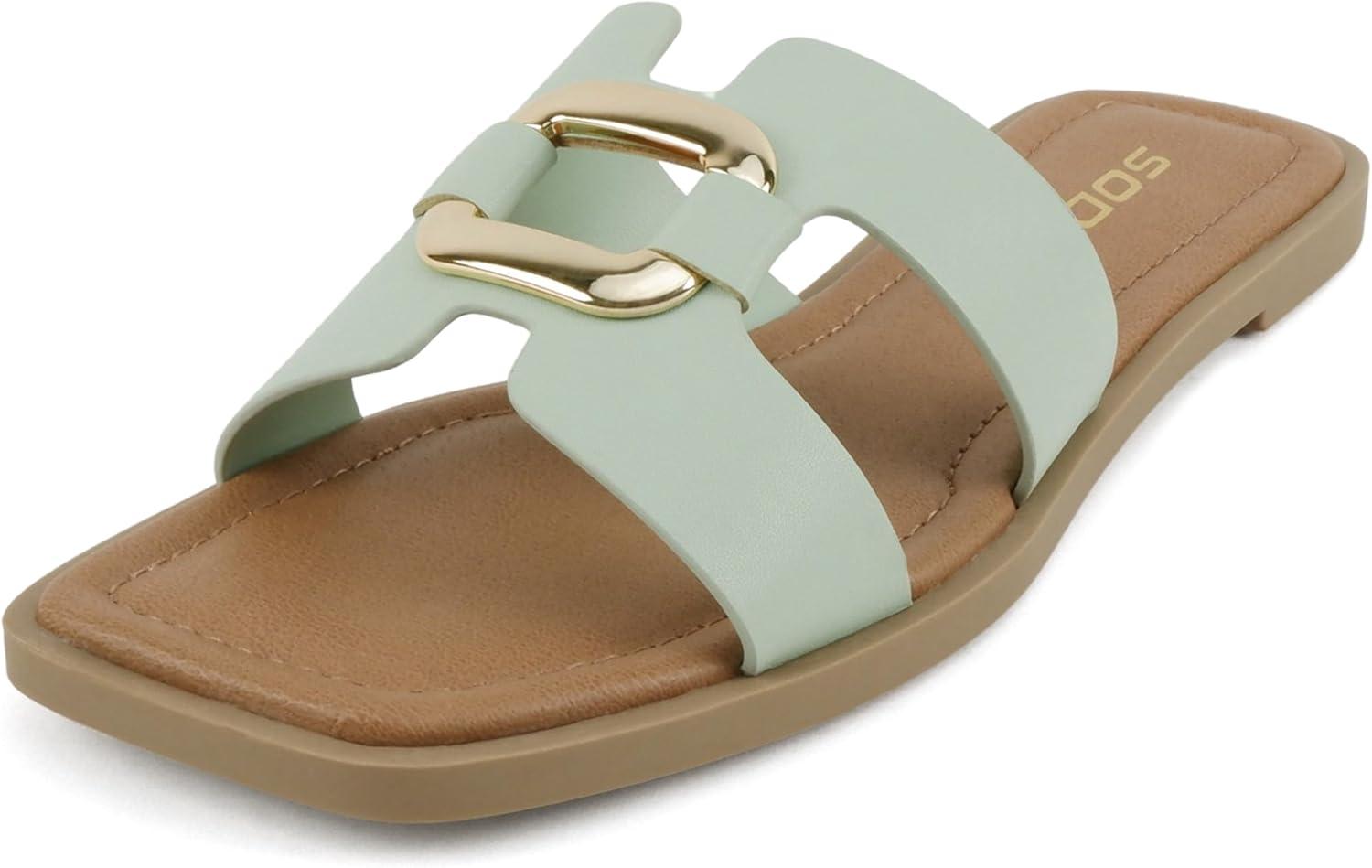 imageSoda FENG  Women Square Toe HBand SlipOn Fashion Slide Sandal with Buckle DetailMint Pu