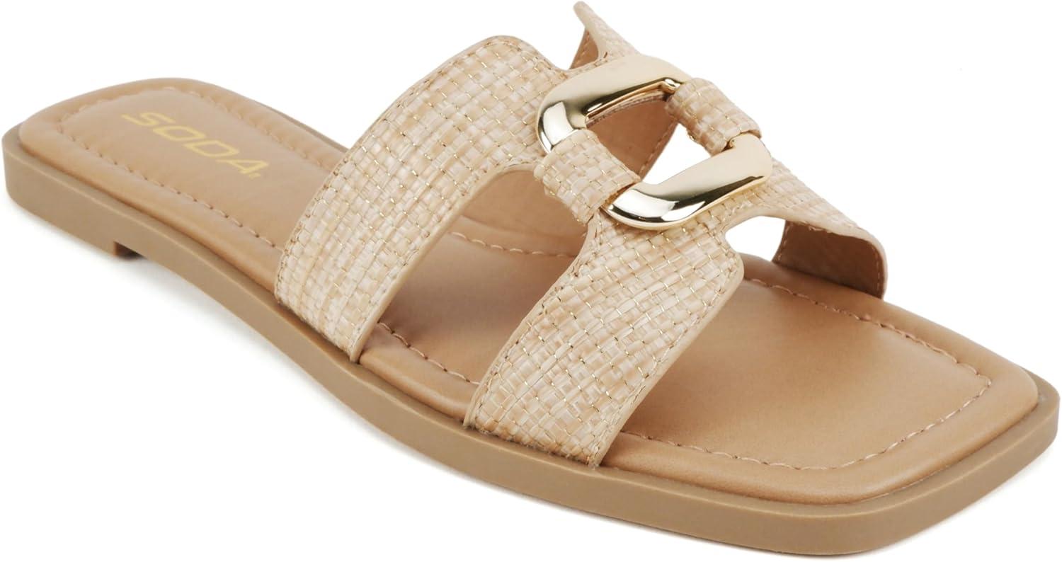 imageSoda FENG  Women Square Toe HBand SlipOn Fashion Slide Sandal with Buckle DetailNaturalGold Raffia