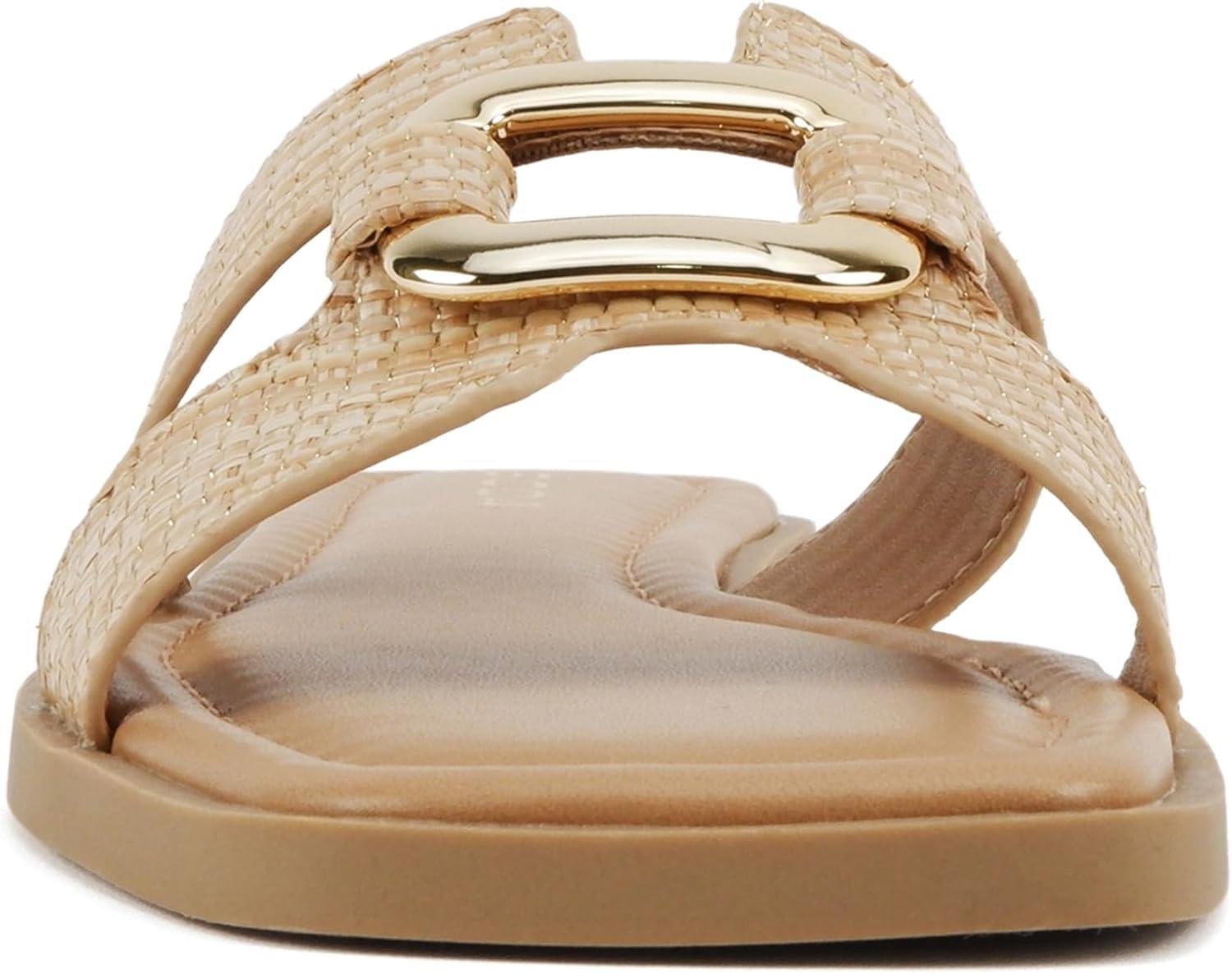 imageSoda FENG  Women Square Toe HBand SlipOn Fashion Slide Sandal with Buckle DetailNaturalGold Raffia