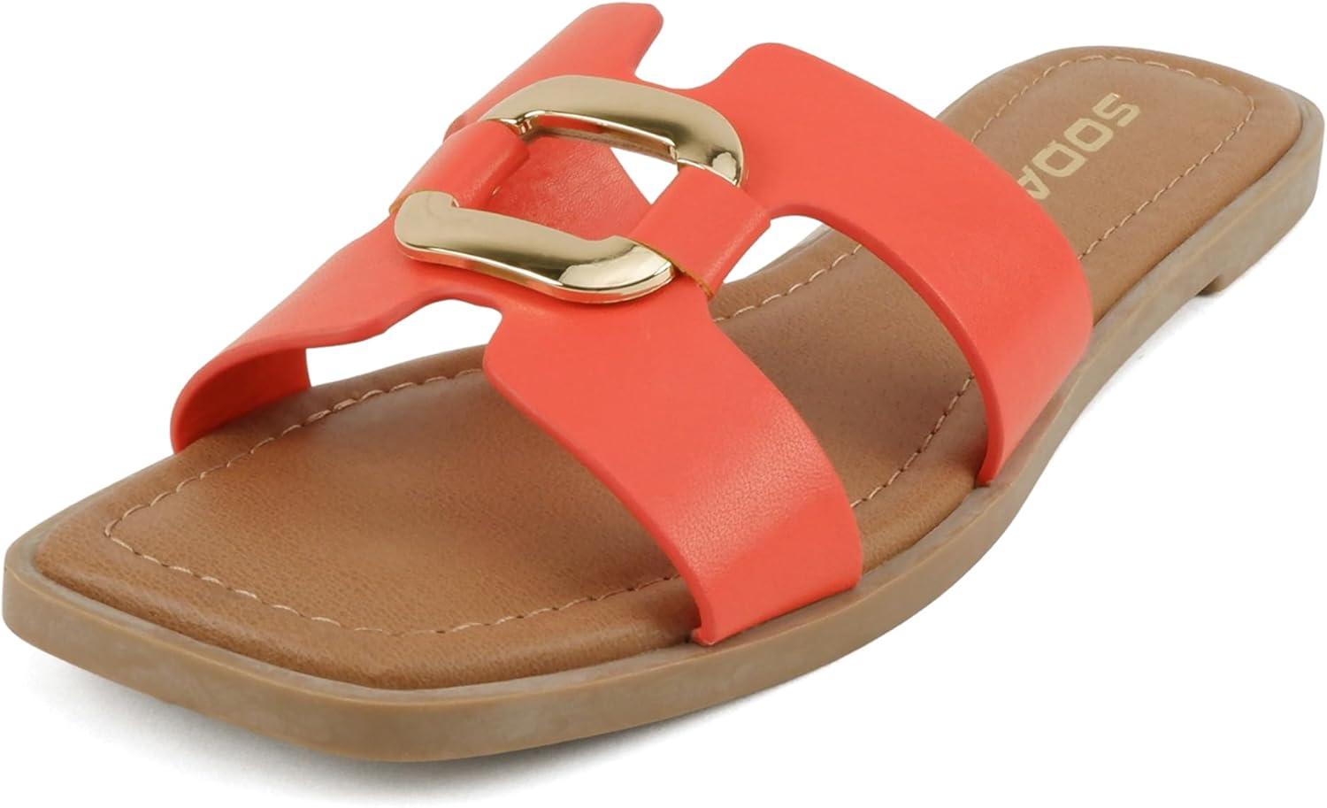 imageSoda FENG  Women Square Toe HBand SlipOn Fashion Slide Sandal with Buckle DetailOrange Pu
