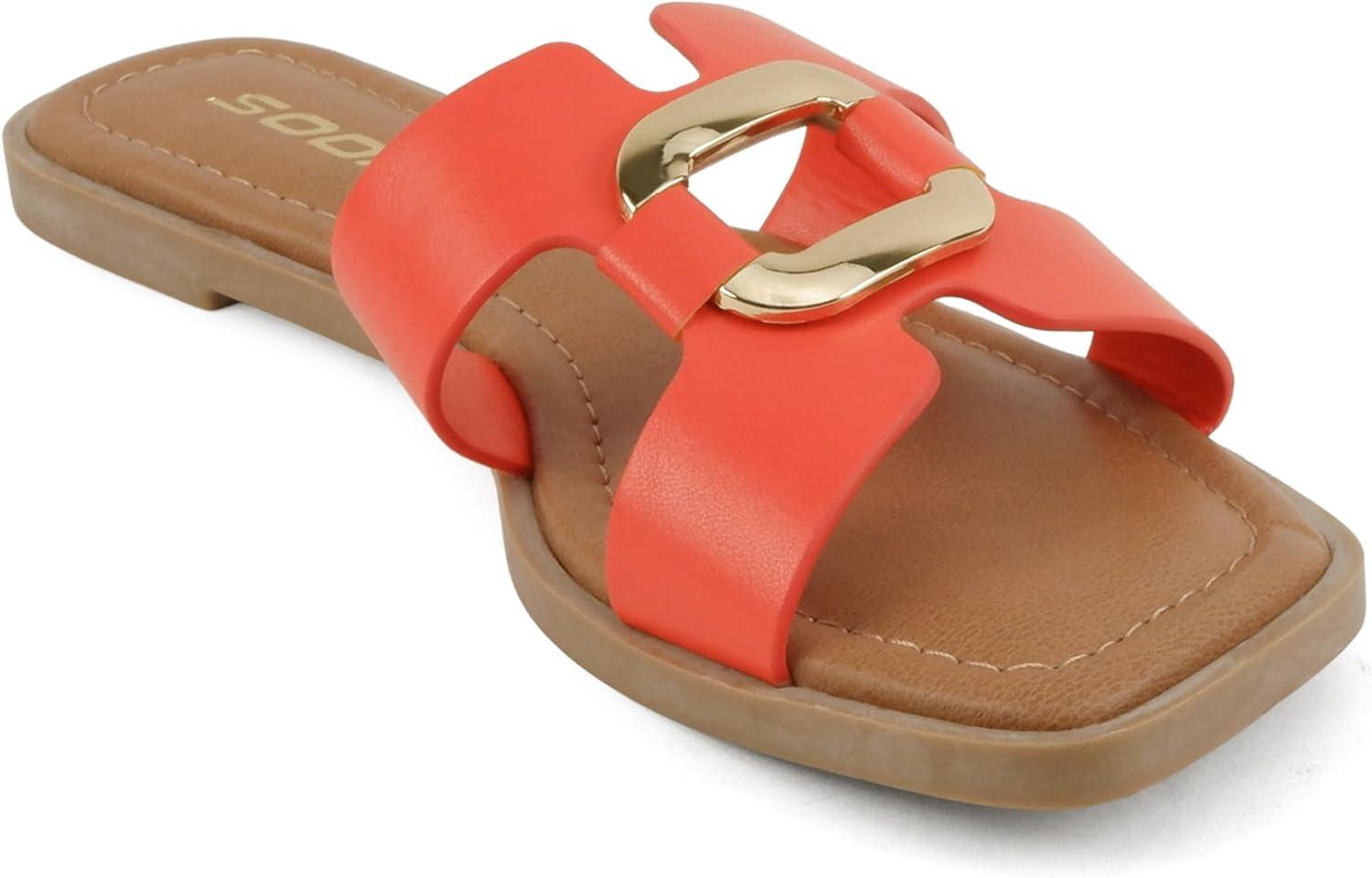 imageSoda FENG  Women Square Toe HBand SlipOn Fashion Slide Sandal with Buckle DetailOrange Pu