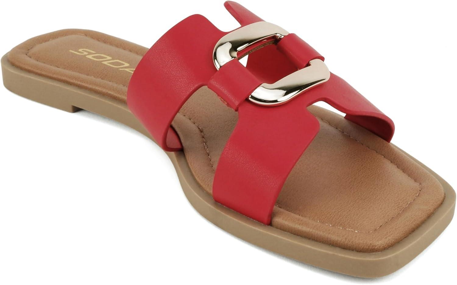 imageSoda FENG  Women Square Toe HBand SlipOn Fashion Slide Sandal with Buckle DetailRed