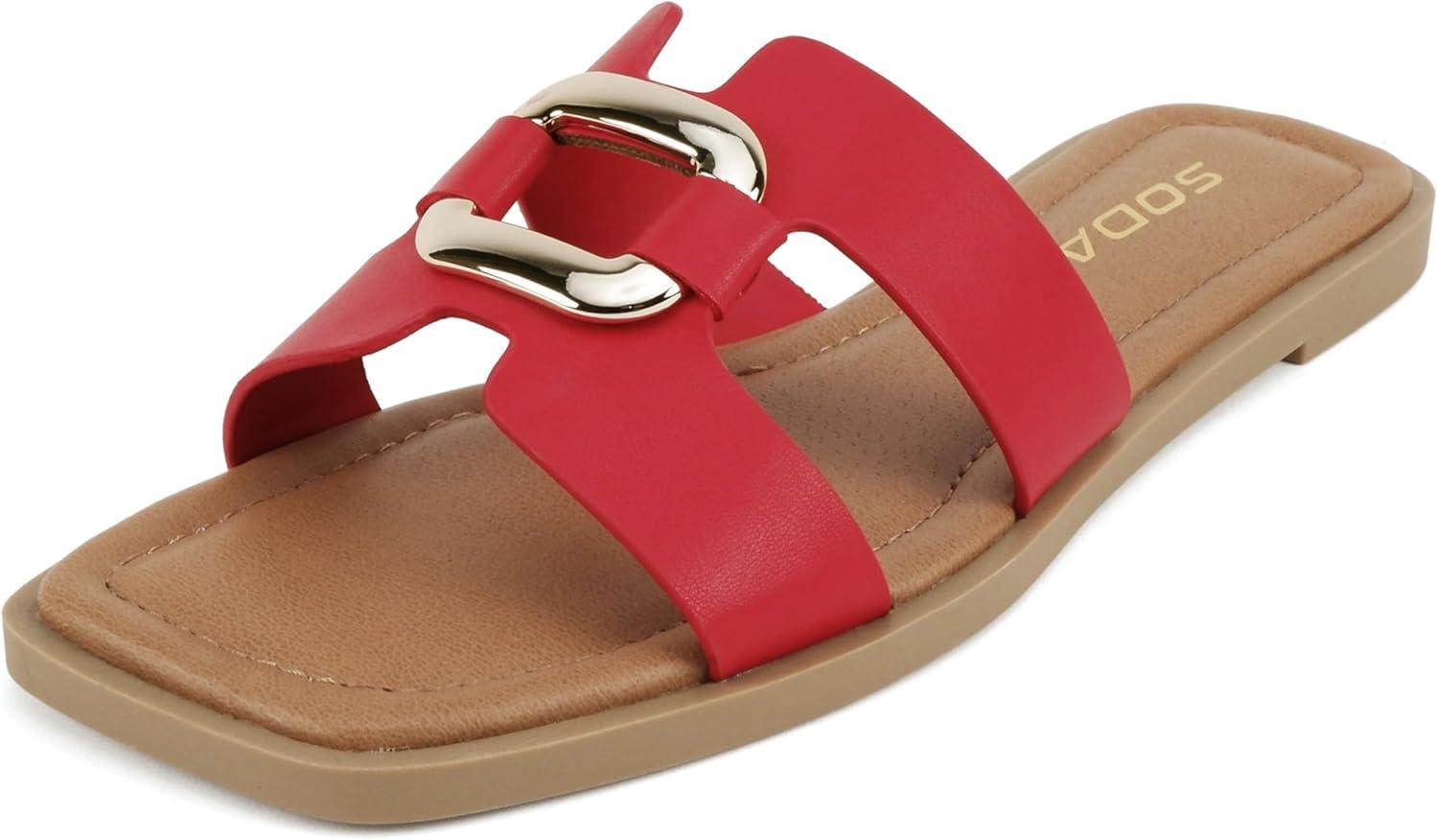 imageSoda FENG  Women Square Toe HBand SlipOn Fashion Slide Sandal with Buckle DetailRed