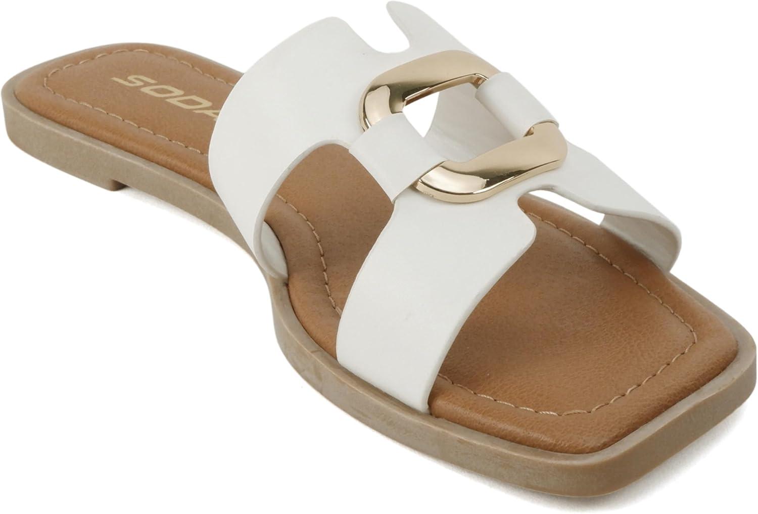 imageSoda FENG  Women Square Toe HBand SlipOn Fashion Slide Sandal with Buckle DetailWhite Pu