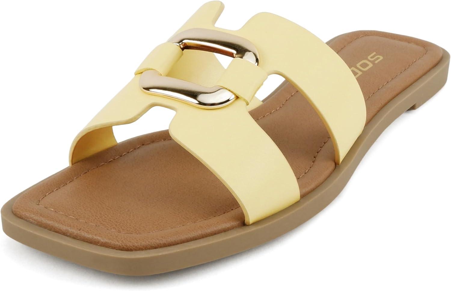 imageSoda FENG  Women Square Toe HBand SlipOn Fashion Slide Sandal with Buckle DetailYellow Pu