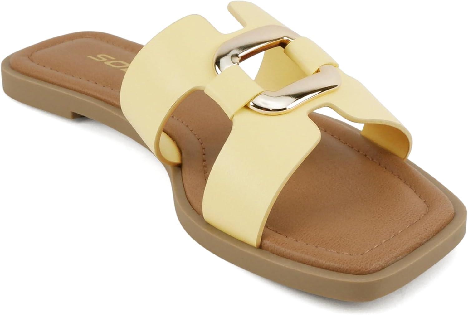 imageSoda FENG  Women Square Toe HBand SlipOn Fashion Slide Sandal with Buckle DetailYellow Pu