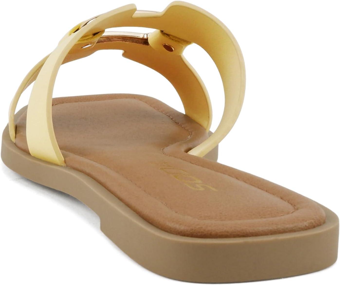 imageSoda FENG  Women Square Toe HBand SlipOn Fashion Slide Sandal with Buckle DetailYellow Pu