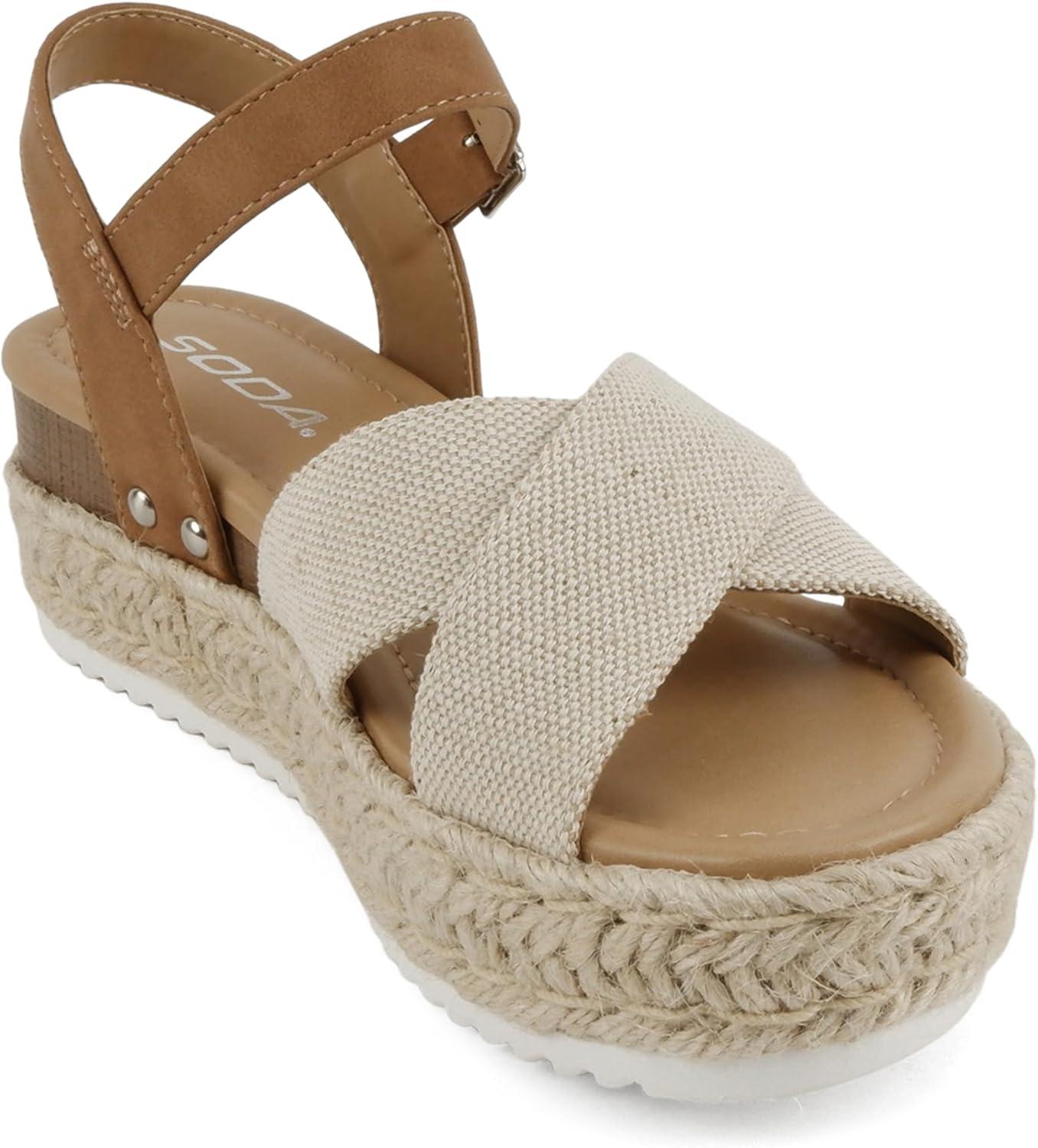 imageSoda FIRELY  Women Round Toe Crisscross Band Platform Espadrille Wedge Sandal with Adjustable Ankle StrapBeige CanvasTan