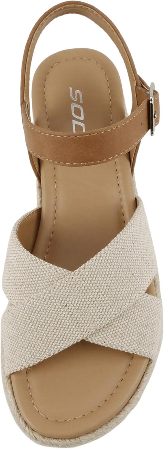 imageSoda FIRELY  Women Round Toe Crisscross Band Platform Espadrille Wedge Sandal with Adjustable Ankle StrapBeige CanvasTan