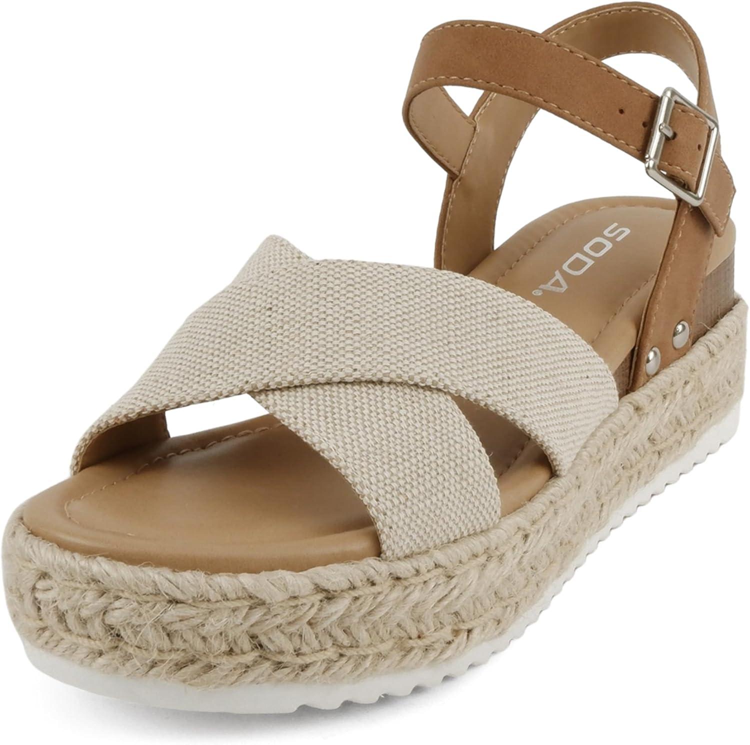 imageSoda FIRELY  Women Round Toe Crisscross Band Platform Espadrille Wedge Sandal with Adjustable Ankle StrapBeige CanvasTan