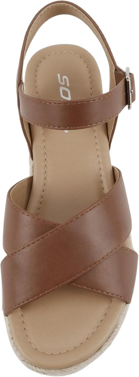 imageSoda FIRELY  Women Round Toe Crisscross Band Platform Espadrille Wedge Sandal with Adjustable Ankle StrapCognac Pu