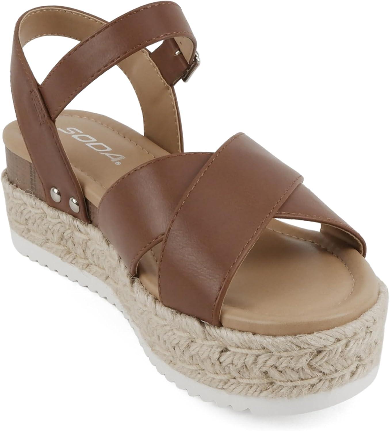 imageSoda FIRELY  Women Round Toe Crisscross Band Platform Espadrille Wedge Sandal with Adjustable Ankle StrapCognac Pu