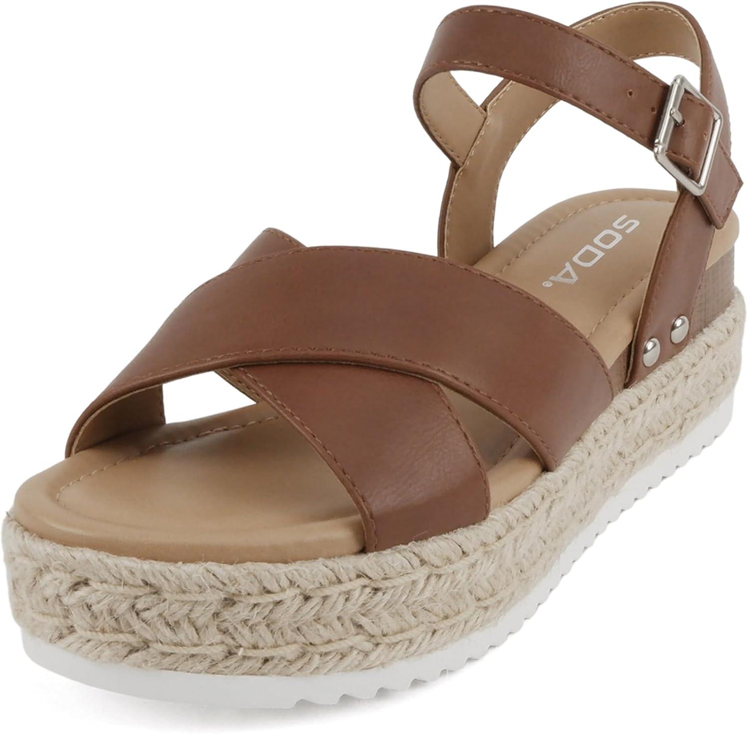 imageSoda FIRELY  Women Round Toe Crisscross Band Platform Espadrille Wedge Sandal with Adjustable Ankle StrapCognac Pu
