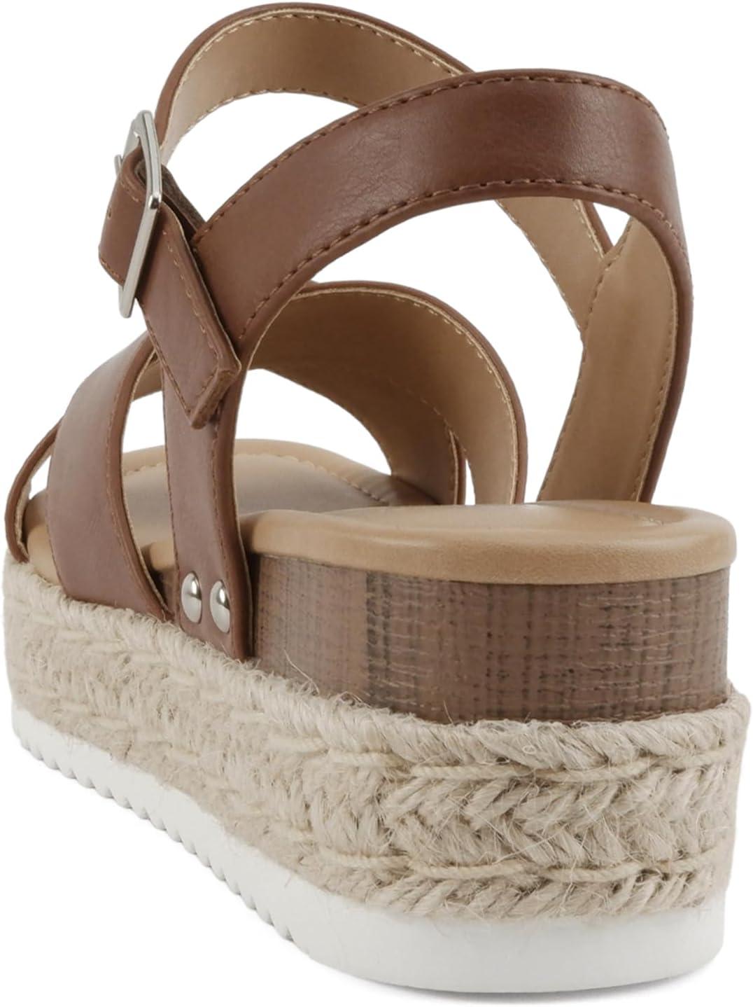 imageSoda FIRELY  Women Round Toe Crisscross Band Platform Espadrille Wedge Sandal with Adjustable Ankle StrapCognac Pu