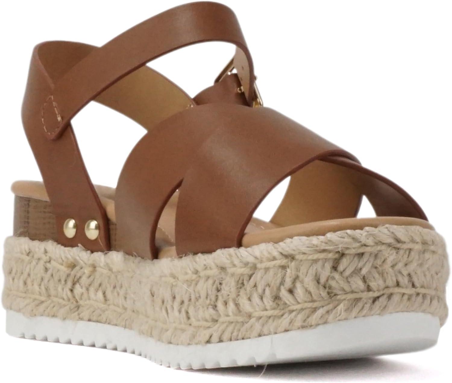 imageSoda FIRELY  Women Round Toe Crisscross Band Platform Espadrille Wedge Sandal with Adjustable Ankle StrapTan Pu