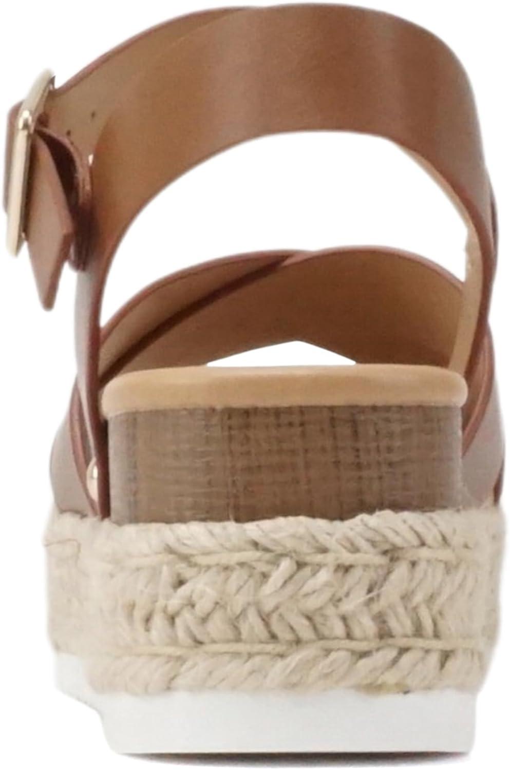 imageSoda FIRELY  Women Round Toe Crisscross Band Platform Espadrille Wedge Sandal with Adjustable Ankle StrapTan Pu