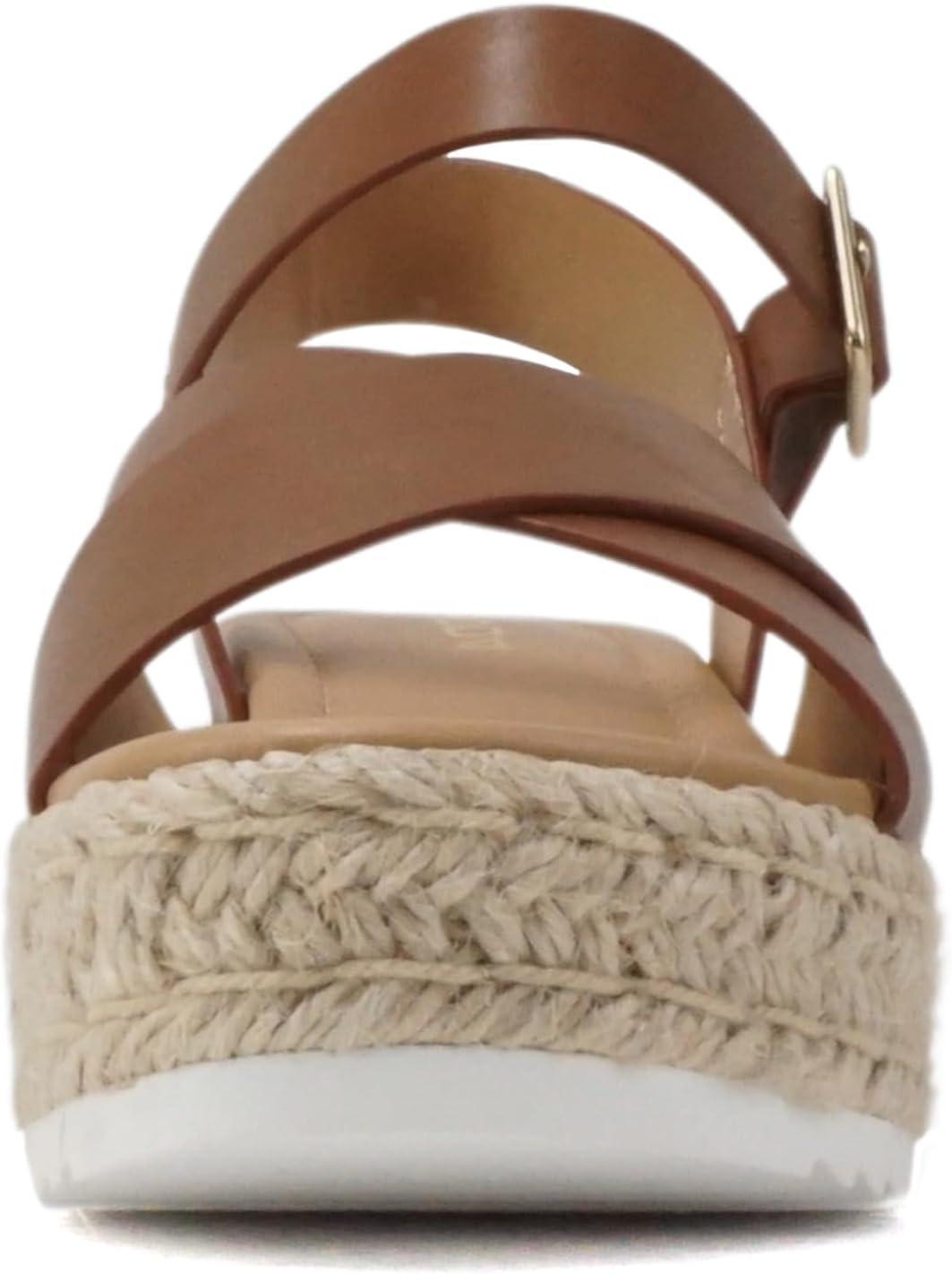 imageSoda FIRELY  Women Round Toe Crisscross Band Platform Espadrille Wedge Sandal with Adjustable Ankle StrapTan Pu