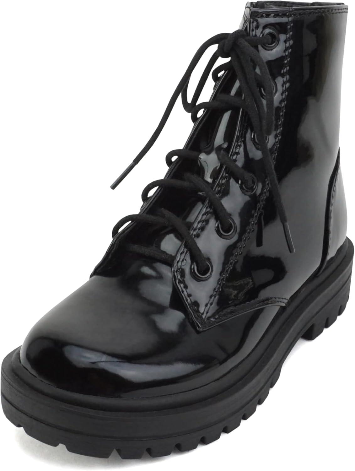 imageSoda FIRM2 KIDSCHILDRENGIRLS Lug Sole Fashion Combat Ankle Bootie Lace up wSide ZipperPatent Black