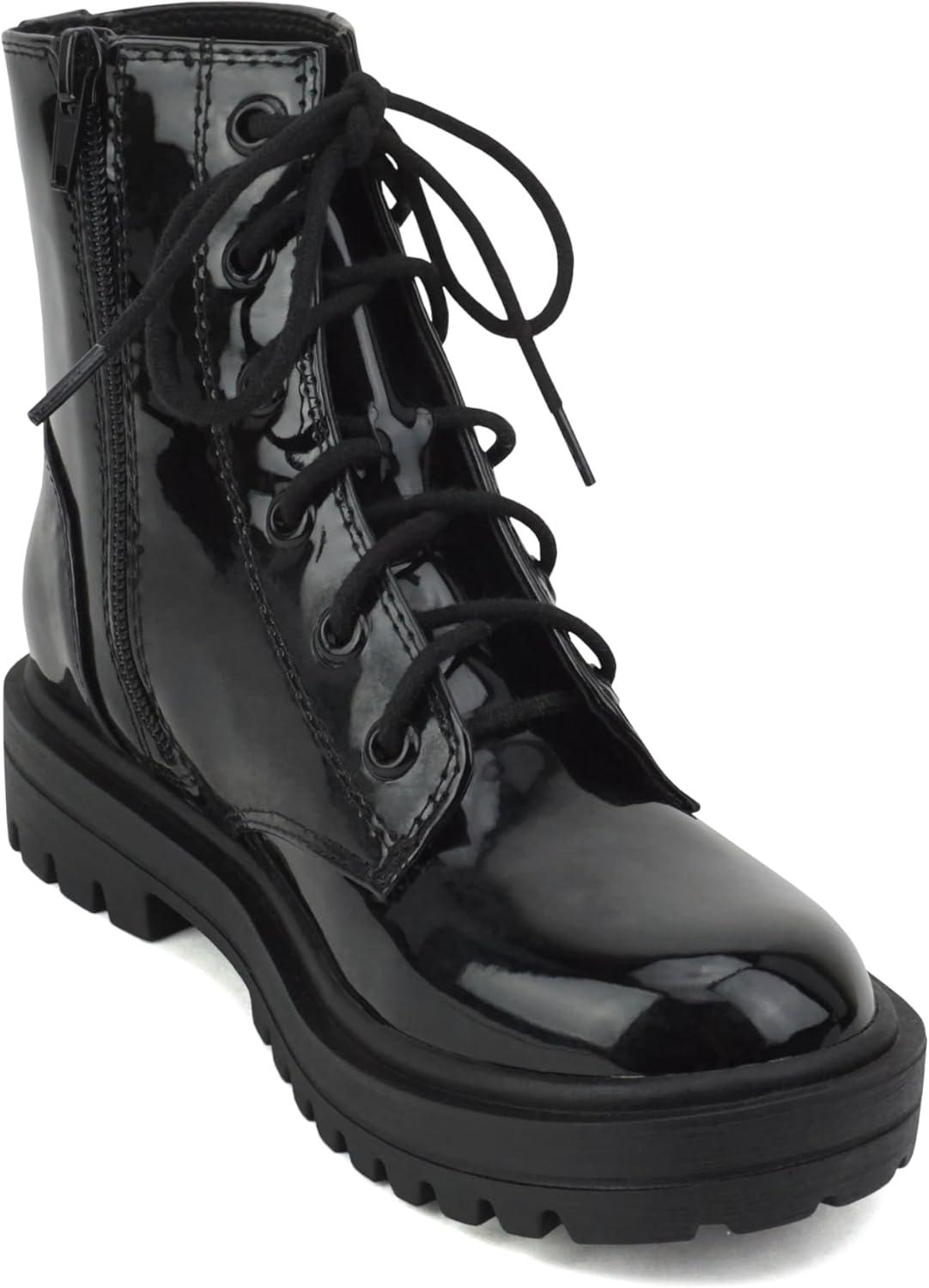 imageSoda FIRM2 KIDSCHILDRENGIRLS Lug Sole Fashion Combat Ankle Bootie Lace up wSide ZipperPatent Black
