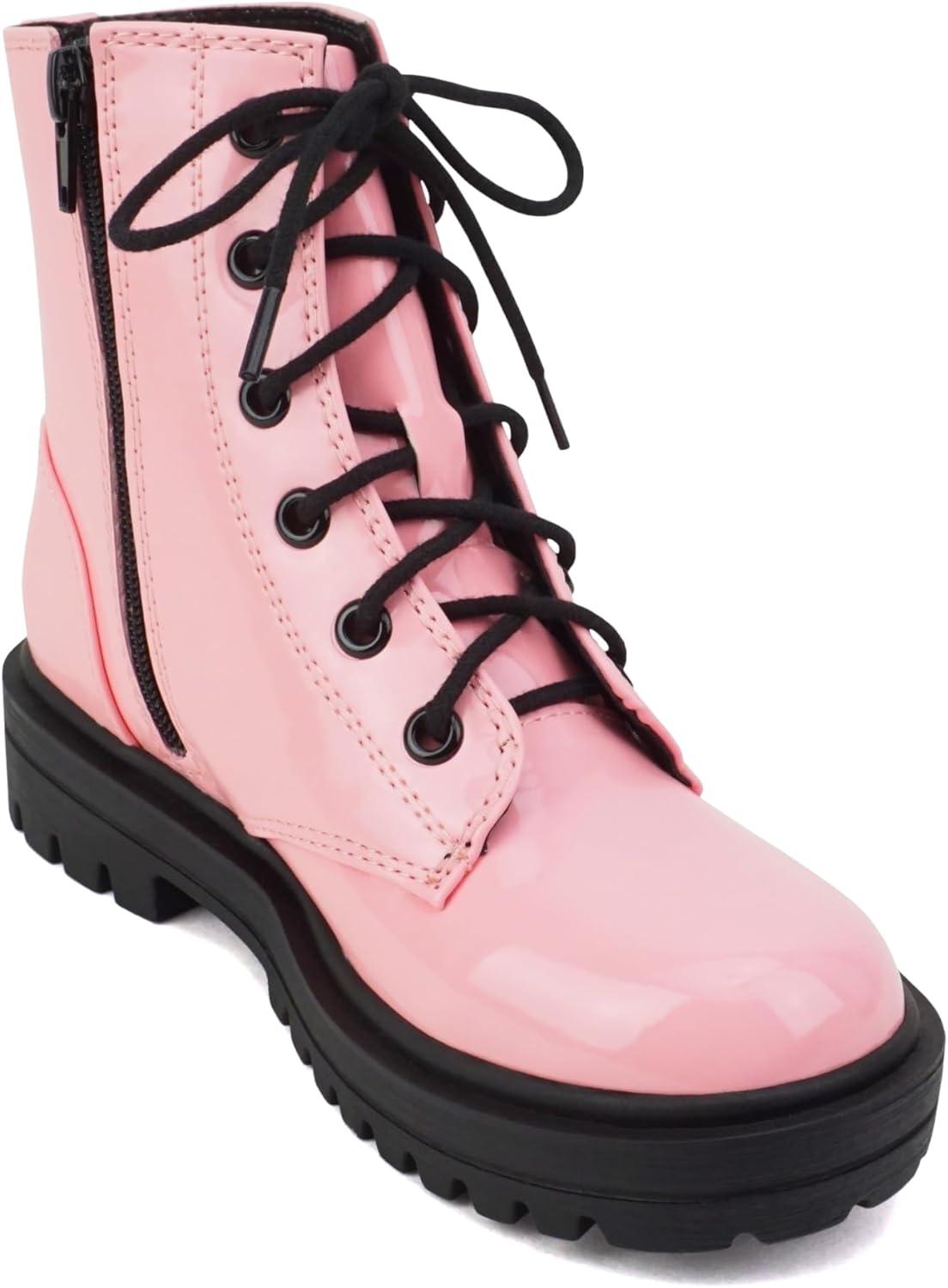 imageSoda FIRM2 KIDSCHILDRENGIRLS Lug Sole Fashion Combat Ankle Bootie Lace up wSide ZipperPink Patent