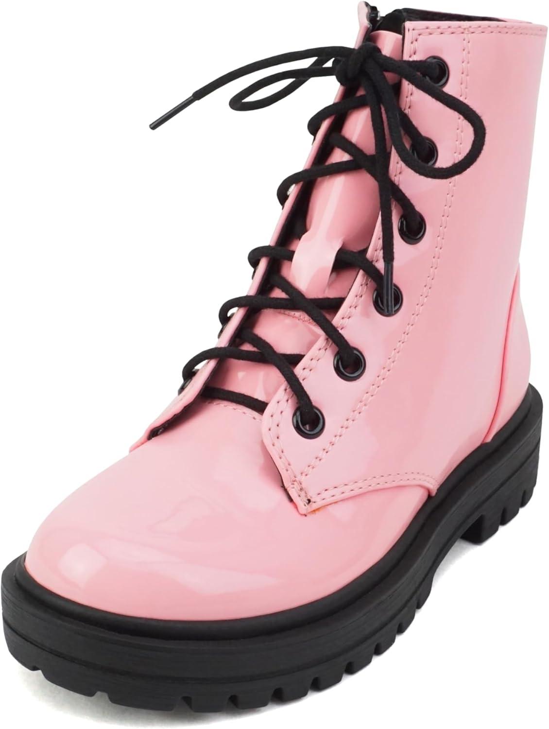 imageSoda FIRM2 KIDSCHILDRENGIRLS Lug Sole Fashion Combat Ankle Bootie Lace up wSide ZipperPink Patent