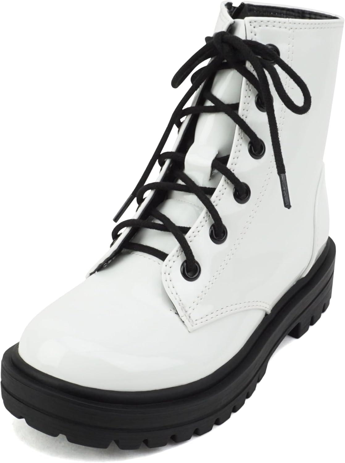 imageSoda FIRM2 KIDSCHILDRENGIRLS Lug Sole Fashion Combat Ankle Bootie Lace up wSide ZipperWhite PatentBlack