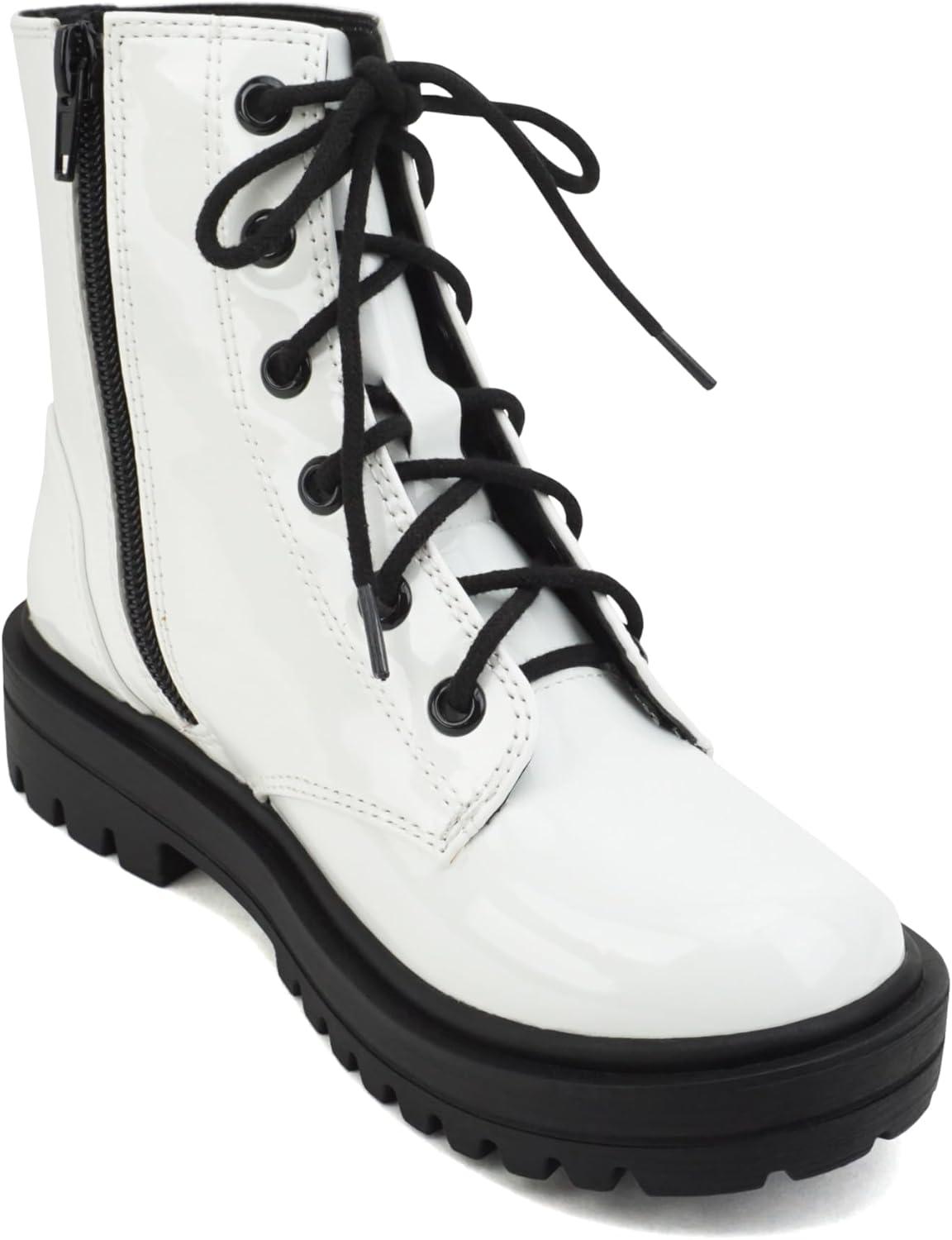 imageSoda FIRM2 KIDSCHILDRENGIRLS Lug Sole Fashion Combat Ankle Bootie Lace up wSide ZipperWhite PatentBlack