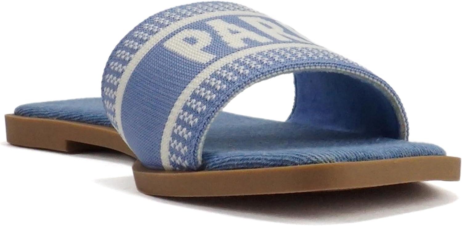 imageSoda FLAIR  Women Square Open Toe Single Embroider Band SlipOn Flat Summer Resort SandalBlueBone