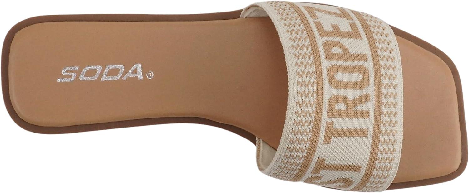 imageSoda FLAIR  Women Square Open Toe Single Embroider Band SlipOn Flat Summer Resort SandalBoneNatural