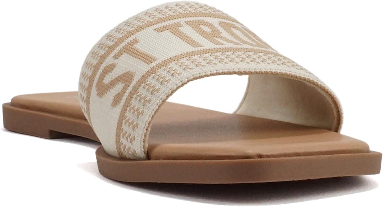 imageSoda FLAIR  Women Square Open Toe Single Embroider Band SlipOn Flat Summer Resort SandalBoneNatural